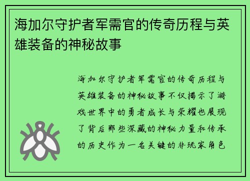 海加尔守护者军需官的传奇历程与英雄装备的神秘故事