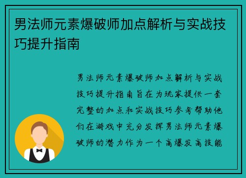男法师元素爆破师加点解析与实战技巧提升指南